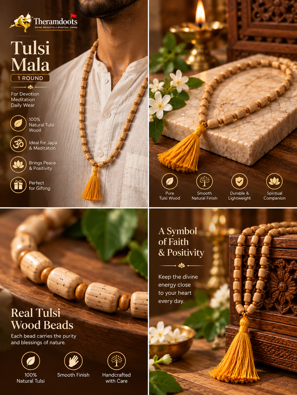 Original 1-Round Natural Tulsi Mala with Tassel – Sacred Basil Wood Rosary for Jap, Meditation & Daily Wear