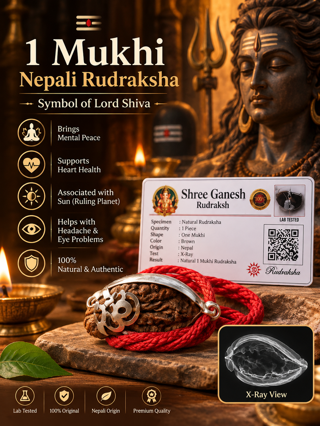 Original 1 Mukhi Nepali Rudraksha with Silver Capping & Trishul-Om Design – Lab Certified with X-Ray Report
