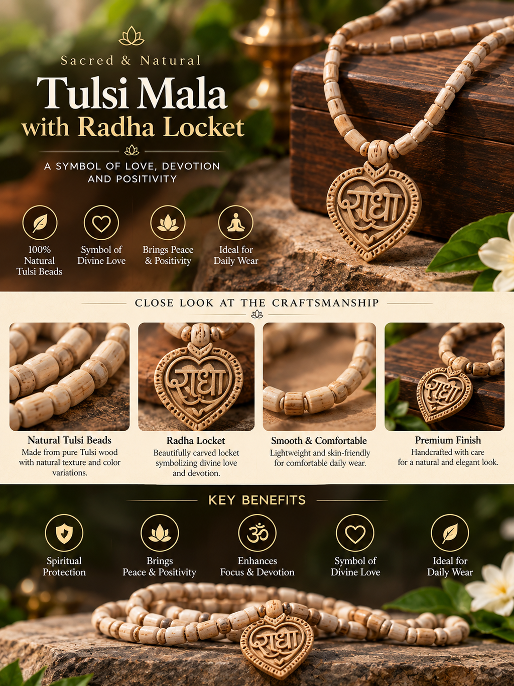 Original Natural Tulsi Mala with Carved Radha Heart Locket – Sacred Holy Basil Wooden Beads for Devotion, Japa & Daily Wear