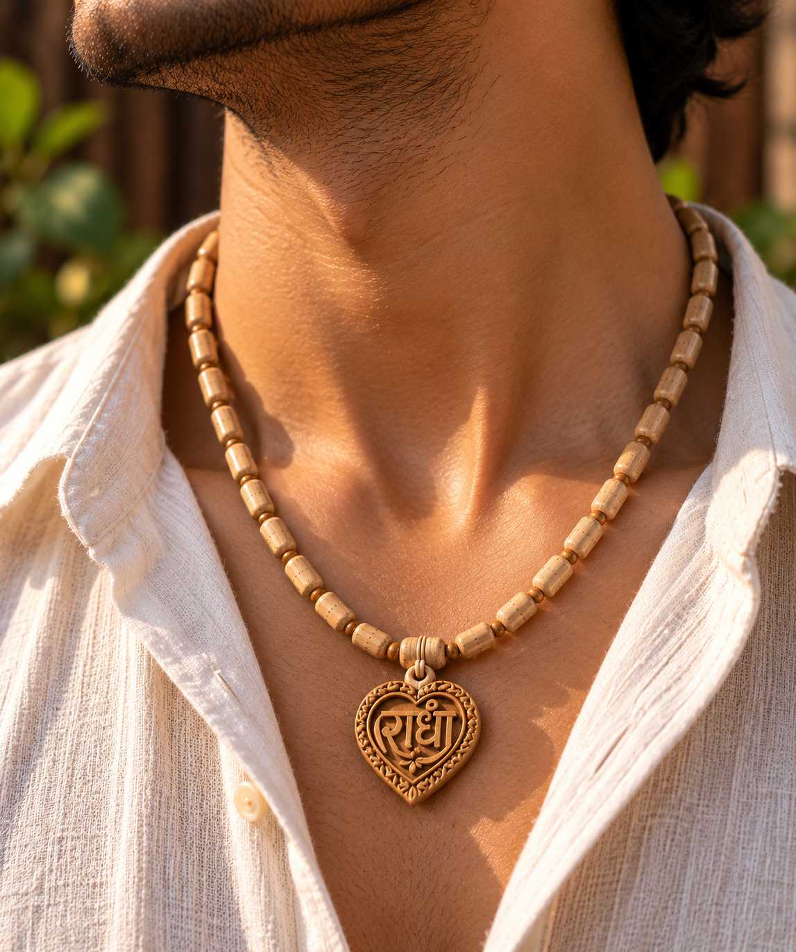 Original Natural Tulsi Mala with Carved Radha Heart Locket – Sacred Holy Basil Wooden Beads for Devotion, Japa & Daily Wear