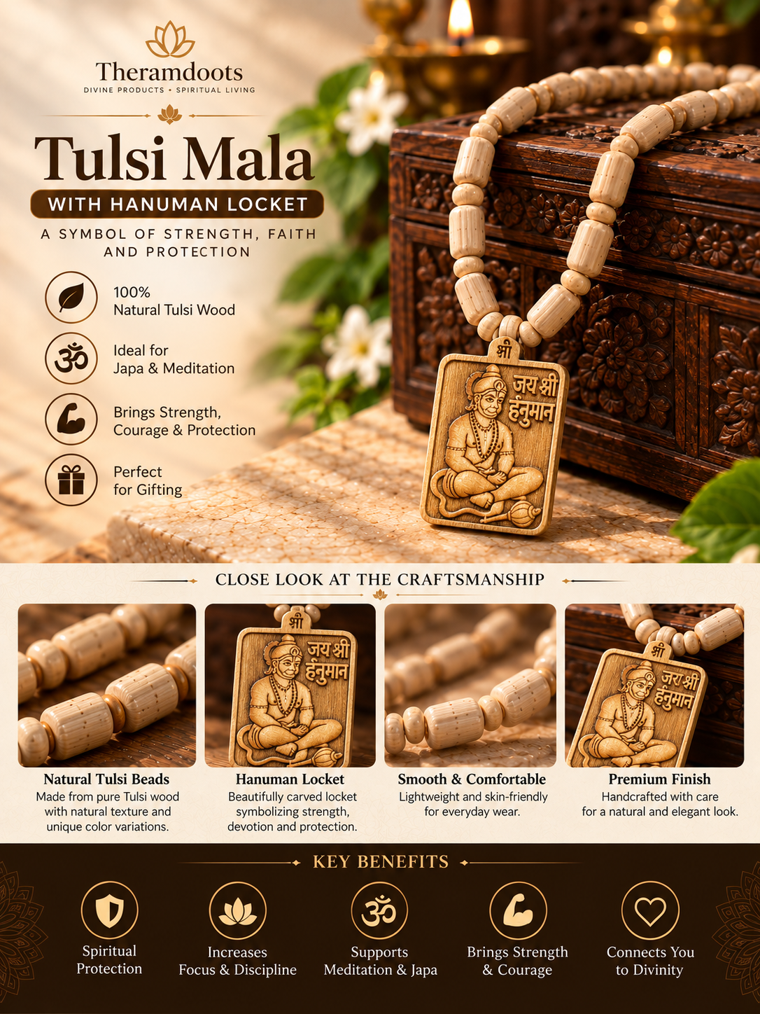Original Natural Tulsi Mala with Carved Hanuman Ji Locket – Sacred Holy Basil Wooden Beads for Strength, Courage & Protection