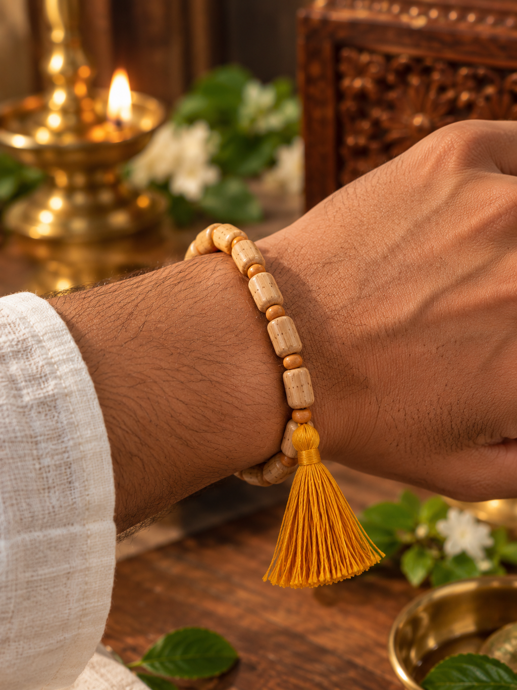 Original 1-Round Natural Tulsi Mala with Tassel – Sacred Basil Wood Rosary for Jap, Meditation & Daily Wear