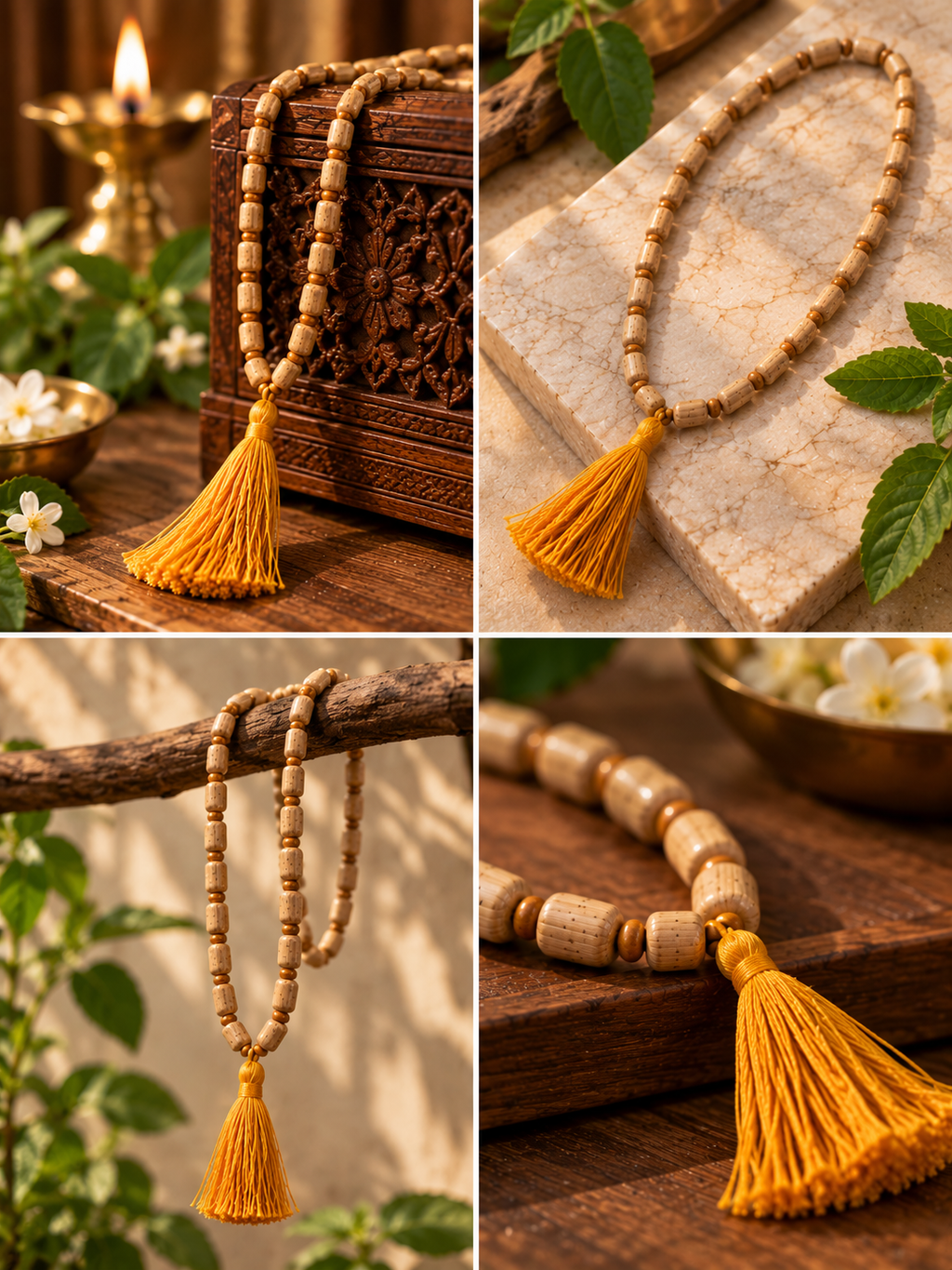 Original 1-Round Natural Tulsi Mala with Tassel – Sacred Basil Wood Rosary for Jap, Meditation & Daily Wear