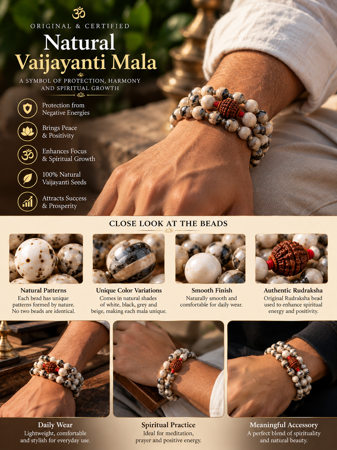 Original Natural Vaijanti Mala with Rudraksha Sumeru Bead (~6.5 mm) – Lab Certified Sacred Garland of Lord Krishna & Vishnu