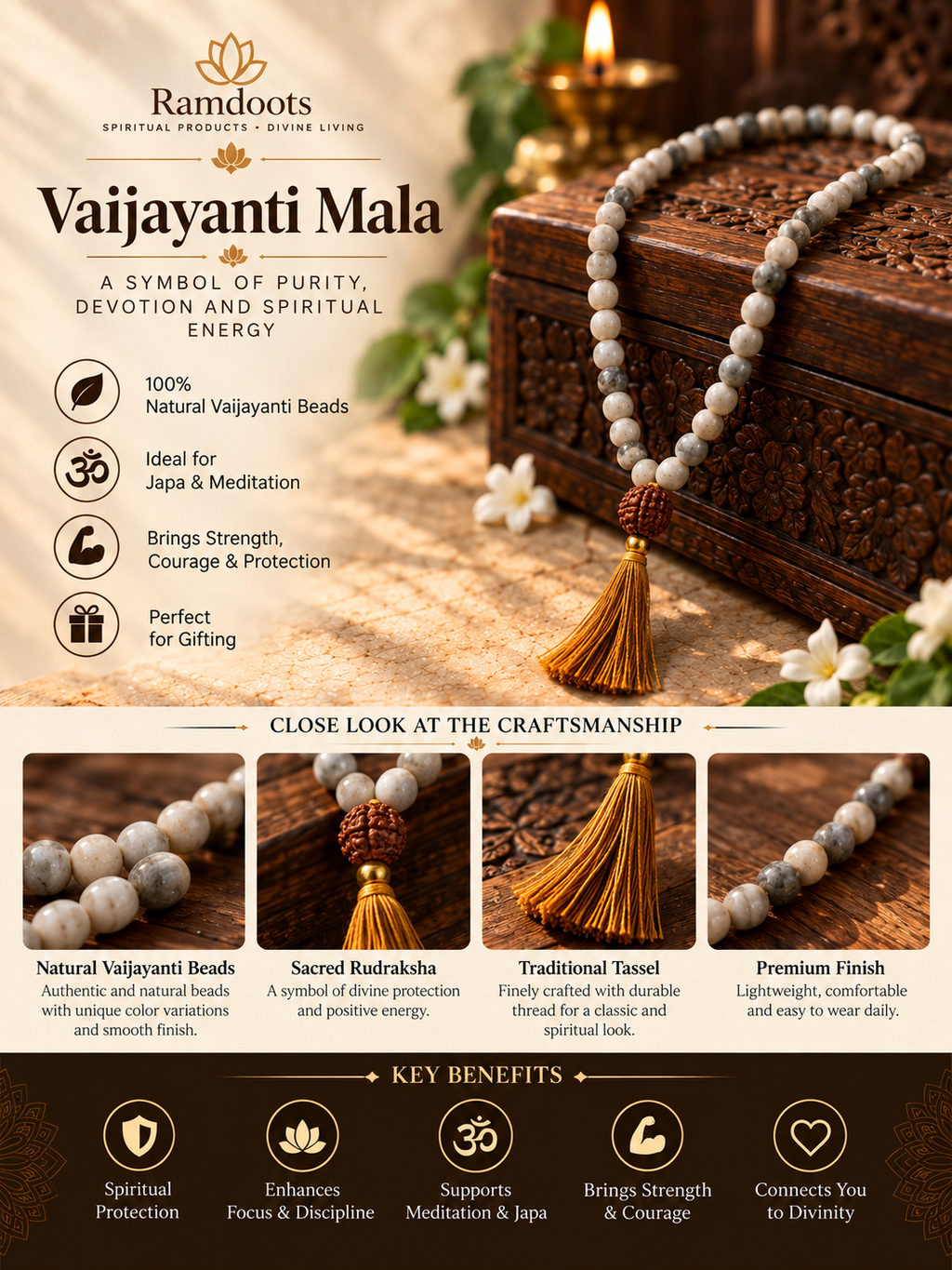 Original Natural Vaijanti Mala with Rudraksha Sumeru Bead (~6.5 mm) – Lab Certified Sacred Garland of Lord Krishna & Vishnu