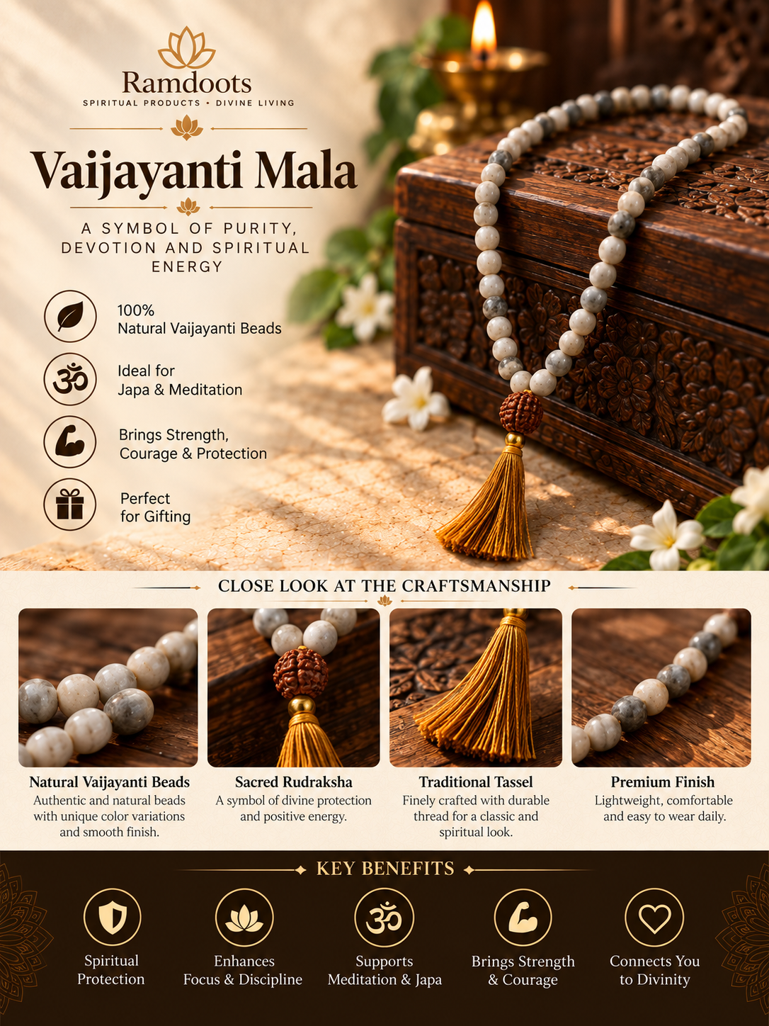 Original Natural Vaijanti Mala with Rudraksha Sumeru Bead (~6.5 mm) – Lab Certified Sacred Garland of Lord Krishna & Vishnu