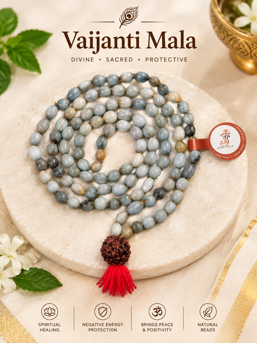 Original Natural Vaijanti Mala with Rudraksha Sumeru Bead (~6.5 mm) – Lab Certified Sacred Garland of Lord Krishna & Vishnu