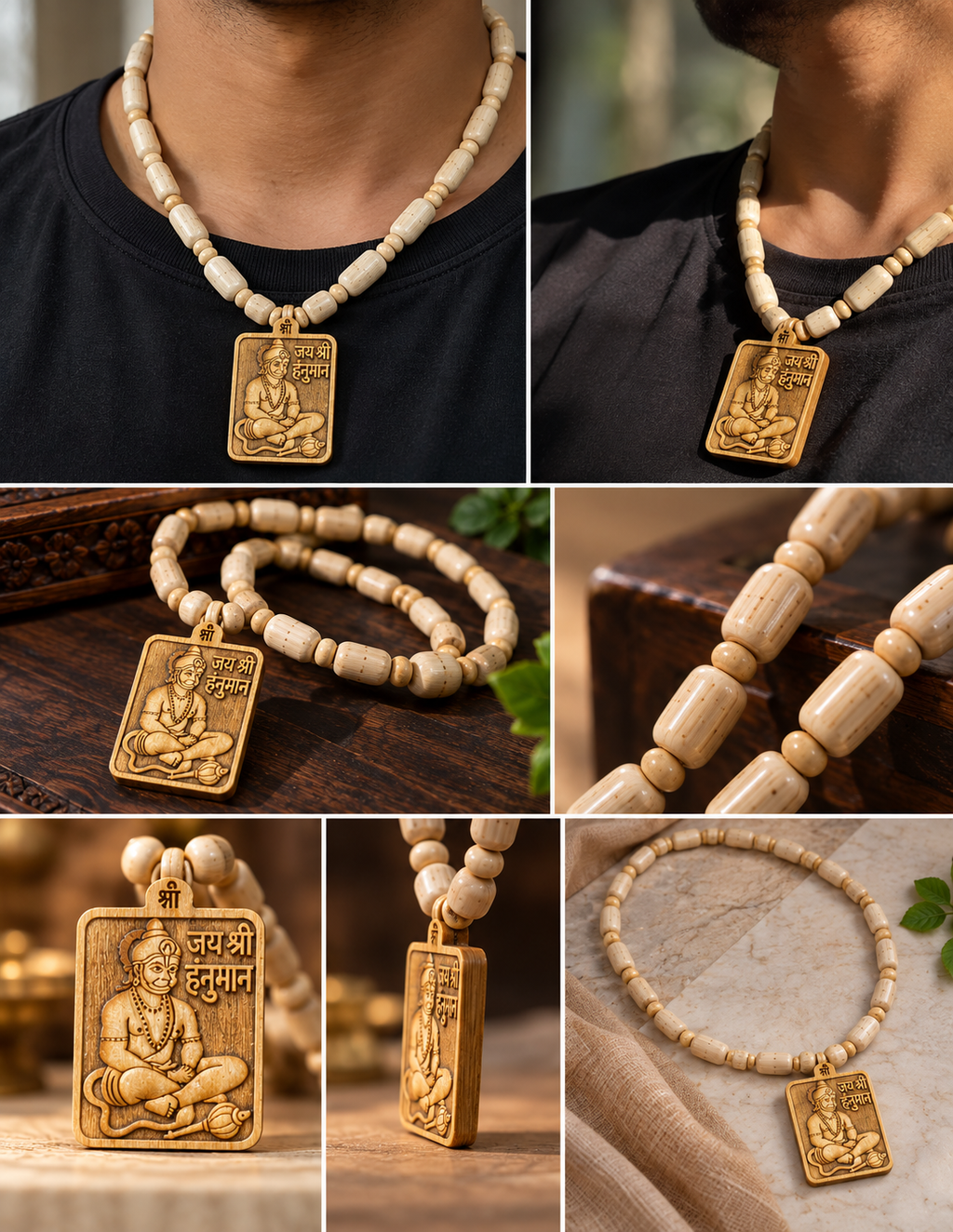 Original Natural Tulsi Mala with Carved Hanuman Ji Locket – Sacred Holy Basil Wooden Beads for Strength, Courage & Protection
