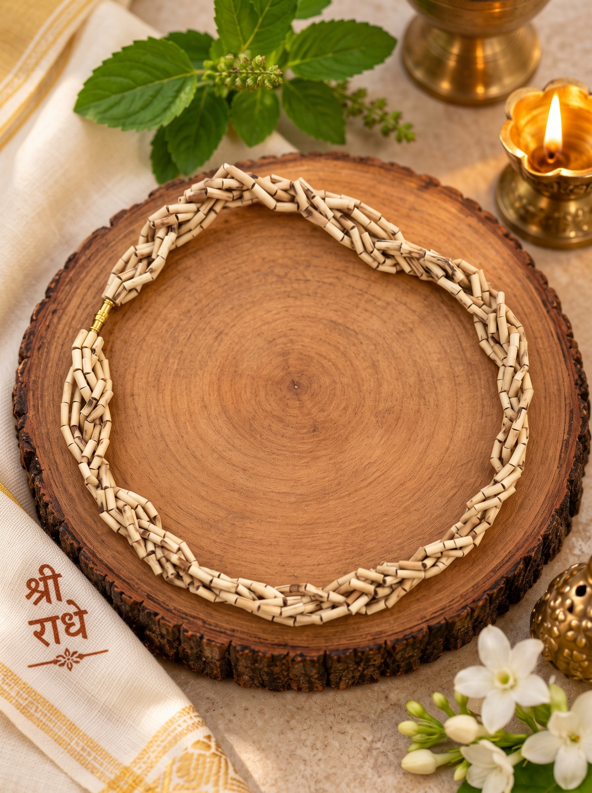 Original Natural 3-Line Braided Tulsi Kanthi Mala – Handcrafted Holy Basil , Choker Necklace for Daily Wear , Devotion & Spiritual Protection .