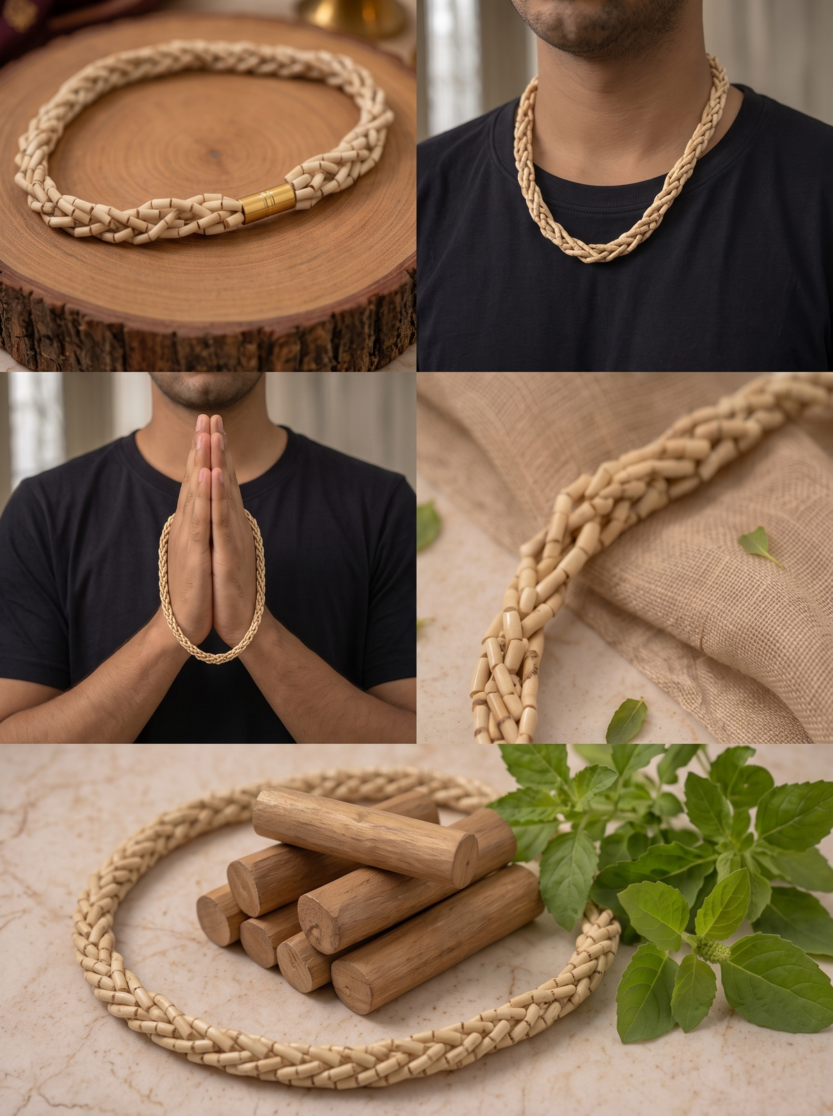 Original Natural 3-Line Braided Tulsi Kanthi Mala – Handcrafted Holy Basil , Choker Necklace for Daily Wear , Devotion & Spiritual Protection .