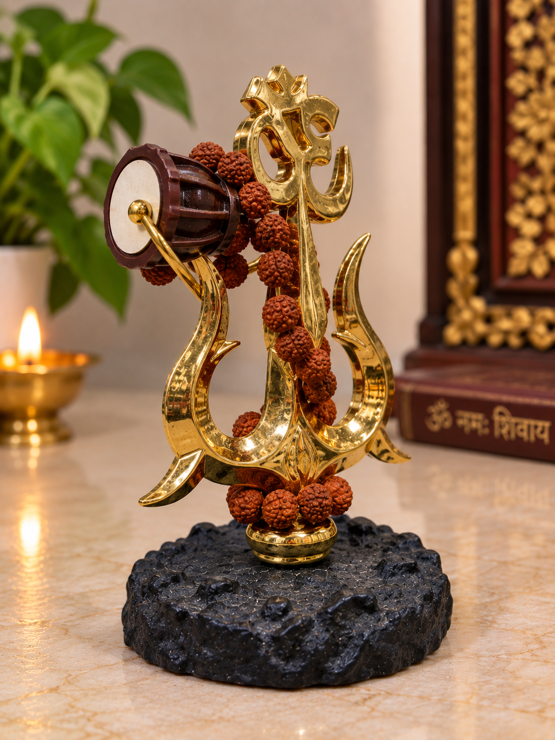 Golden Brass Finish Om Trishul with Damru & Rudraksha Mala
