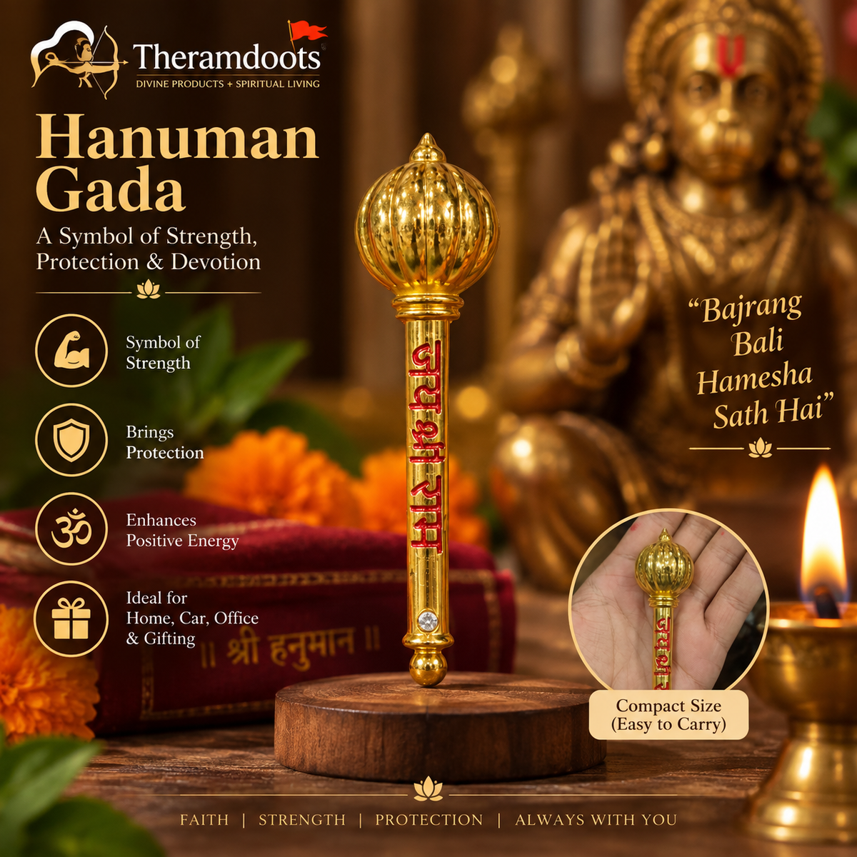 Golden Hanuman Gada with Jai Shree Ram Engraving