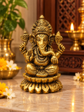 Vighnaharta Ganesha Brass Idol-Antique Golden Ganesha Brass Idol