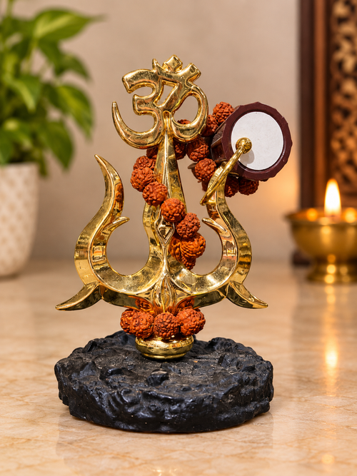 Golden Brass Finish Om Trishul with Damru & Rudraksha Mala