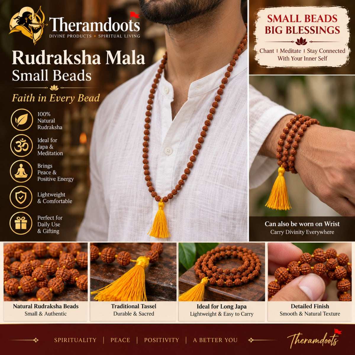 Authentic Small Bead Rudraksha Mala (108+1 Beads)