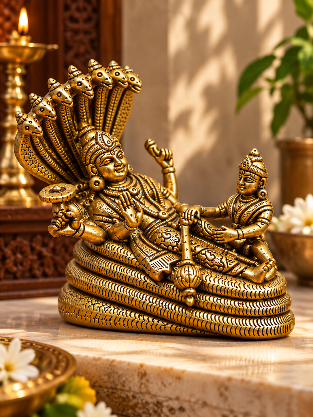 Shesh Shaye Vishnu Ji Brass Idol (with Maa Lakshmi)