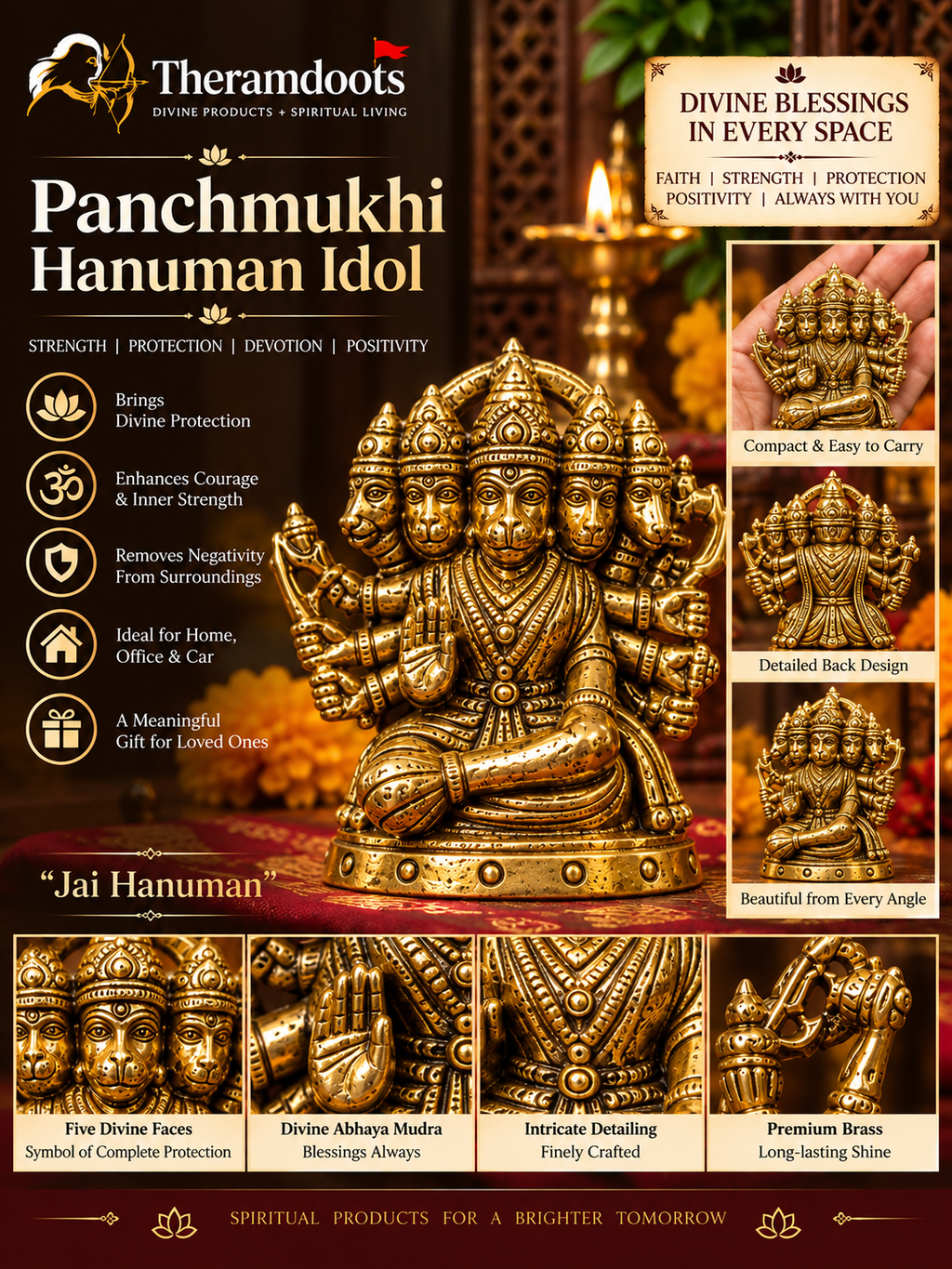 Antique Brass Panchmukhi Hanuman Murti