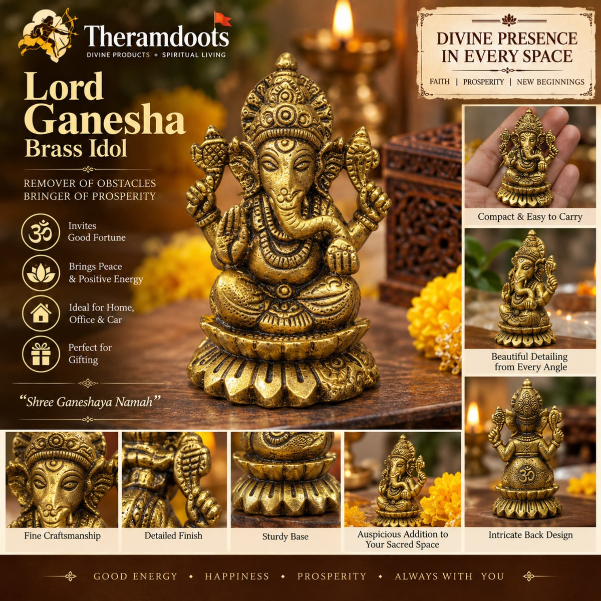 Vighnaharta Ganesha Brass Idol-Antique Golden Ganesha Brass Idol