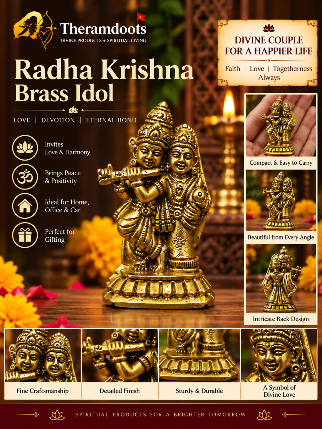 Radha Krishna Brass Idol on Lotus Base