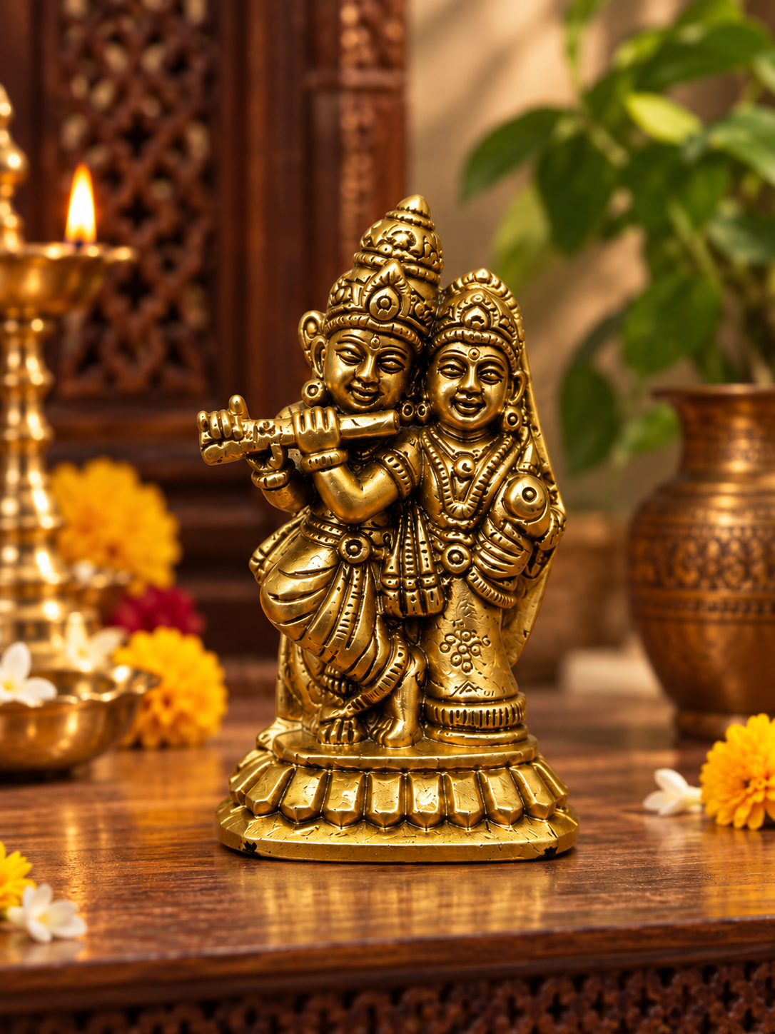 Radha Krishna Brass Idol on Lotus Base