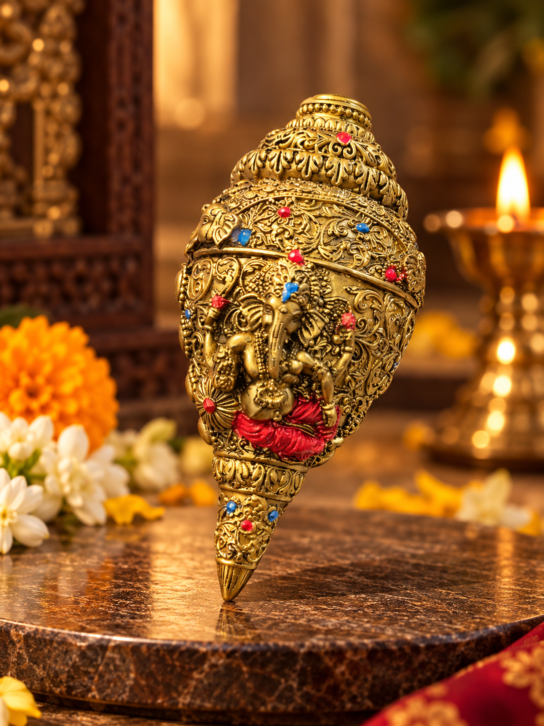 Antique Carved Ganesha Shankh (Decorative Brass Conch)
