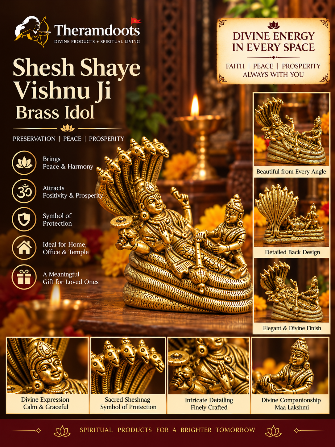 Shesh Shaye Vishnu Ji Brass Idol (with Maa Lakshmi)