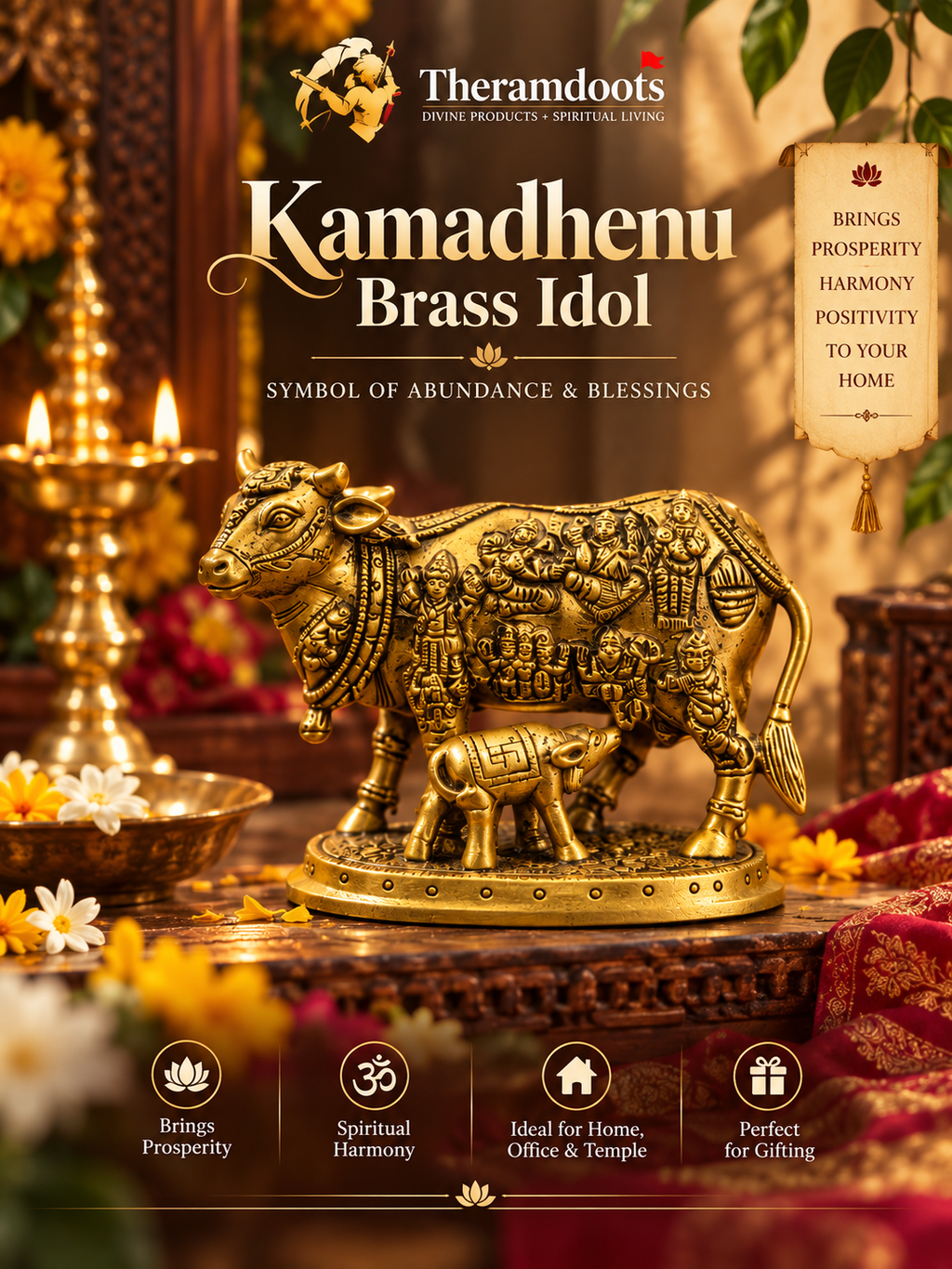Brass Kamadhenu Cow & Calf Idol-Brass Kamadhenu Cow & Calf Idol