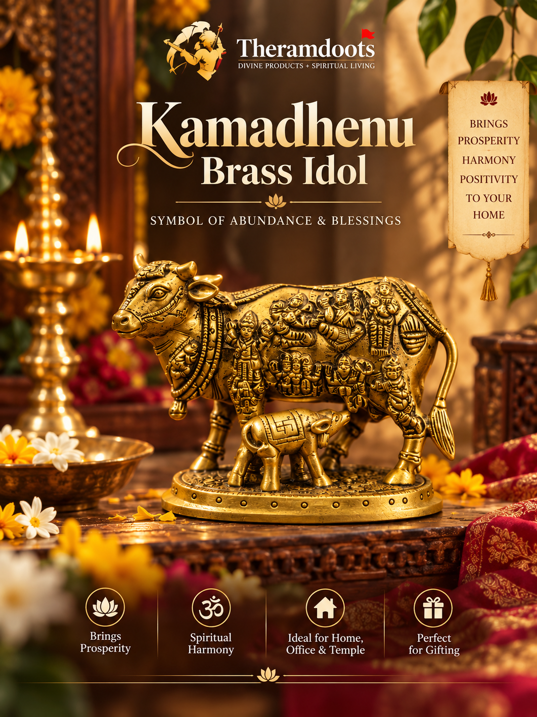 Brass Kamadhenu Cow & Calf Idol-Brass Kamadhenu Cow & Calf Idol