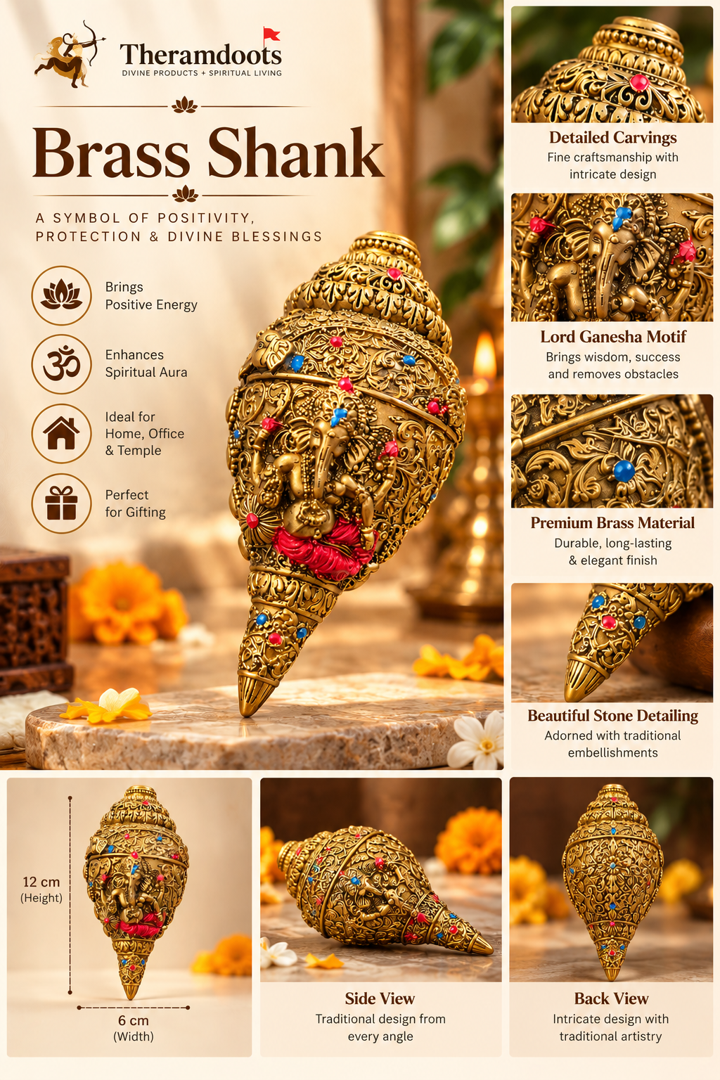 Antique Carved Ganesha Shankh (Decorative Brass Conch)